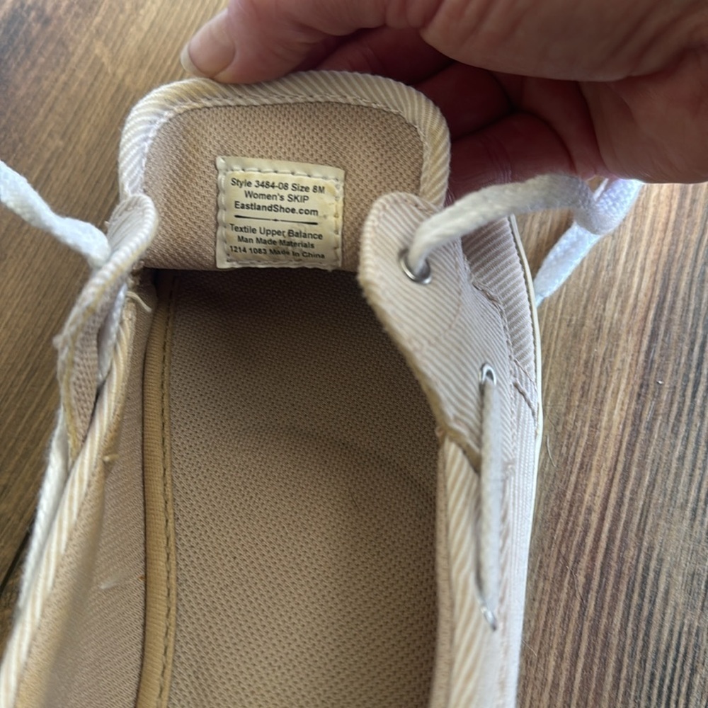 Eastland Women's “Skip” Slip-On, Tan/White Stripe Canvas Boat Shoes, Size 8 - Picture 3 of 6